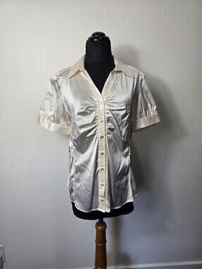 Etcetera Silky Cream Satin Button-Up Blouse. Y2k Coquette Vintage